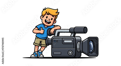 Animated young filmmaker with professional camera gives a thumbs up illustration