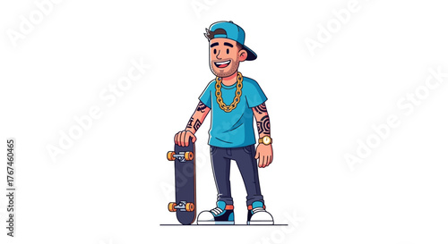 Cartoon trendy character with a skateboard wearing cool accessories, a street style concept