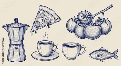 Hand-drawn Italian still life featuring coffee maker pizza tomatoes coffee and fish sketch