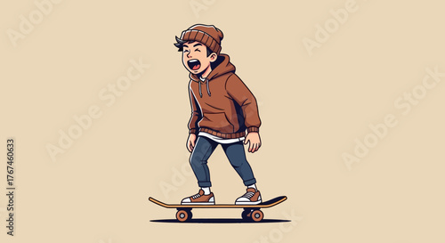 Energetic young man skateboarding with enthusiasm and joy, radiating carefree teenage spirit