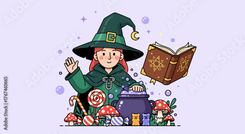 Charming illustration of a young witch brewing magic with a spellbook and colorful sweets