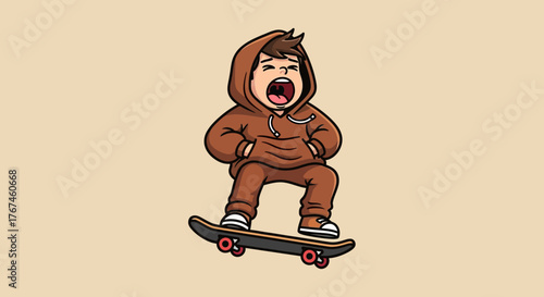 Animated skater dude in brown hoodie catches air with an expression of sheer exhilaration