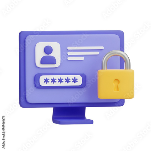 3d illustration of a computer screen displaying user profile and password field with a padlock, isolated on transparent background