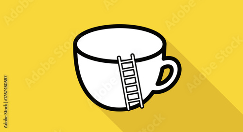 Conceptual art displaying a ladder leaning on a giant coffee cup offering aspiration