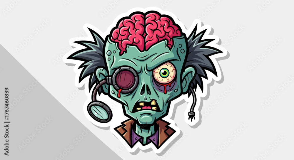 Fototapeta premium Cartoon vector illustration of a bizarre and decaying zombie scientist sticker character