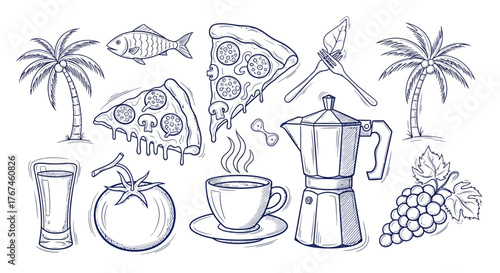 Illustration showcasing diverse culinary and tropical elements for a vibrant lifestyle