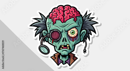 Cartoon vector illustration of a bizarre and decaying zombie scientist sticker character