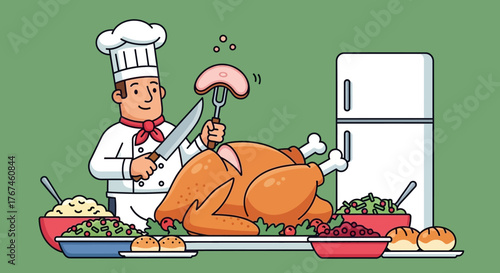 Festive chef presenting a succulent roast turkey with abundant side dishes illustration