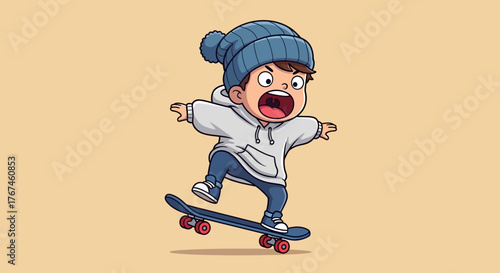 Animated skateboarder kid with beanie and hoodie capturing youthful energy and dynamic fun
