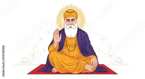 Guru Nanak Dev Ji, the founder of Sikhism, spiritual master with divine halo and gesture of blessing