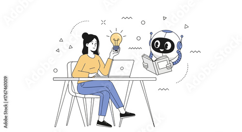 Creative collaboration between a woman generating ideas and a robot acquiring knowledge through