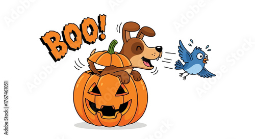 A playful canine giving a halloween fright to a bewildered bluebird from inside a festive pumpkin
