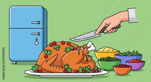 Festive Thanksgiving turkey dinner preparation scene with fresh vegetables and appliance