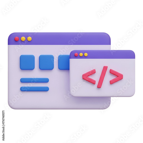 3d render of a computer window interface with code symbols, isolated on transparent background