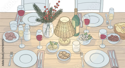 Festive tabletop arrangement featuring dishes, beverages, and decorative elements creating warm