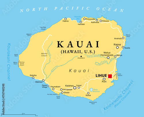 Kauai, one of the main Hawaiian Islands, United States, political map, with capital Lihue. Fourth-largest island of the state of Hawaii, in the North Pacific Ocean, nicknamed The Garden Isle. Vector