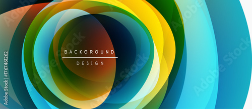 Abstract colorful layers create circular pattern. Modern design elements suggest dynamic movement, vibrant energy. Background features text overlay.