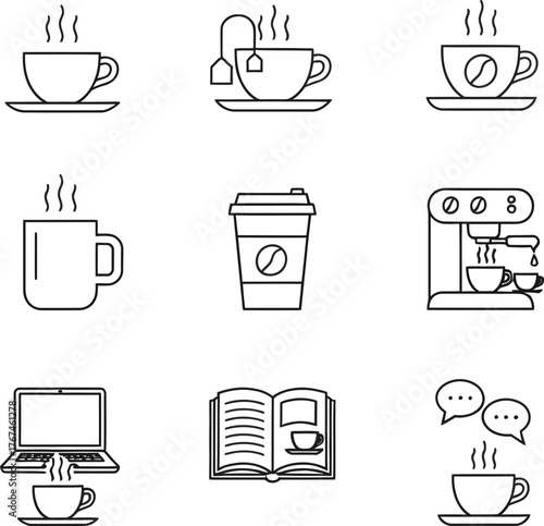 Collection of nine simple line art icons representing coffee and tea drinks and related activities