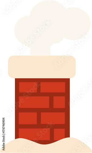 Flat vector illustration of a red brick chimney with snow and white smoke. Ideal for Christmas, winter, or cozy home designs.