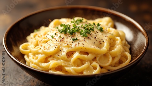 A creamy fettuccine pasta dish garnished with parsley, served in a dark bowl, showcasing its rich texture and delicious appeal.