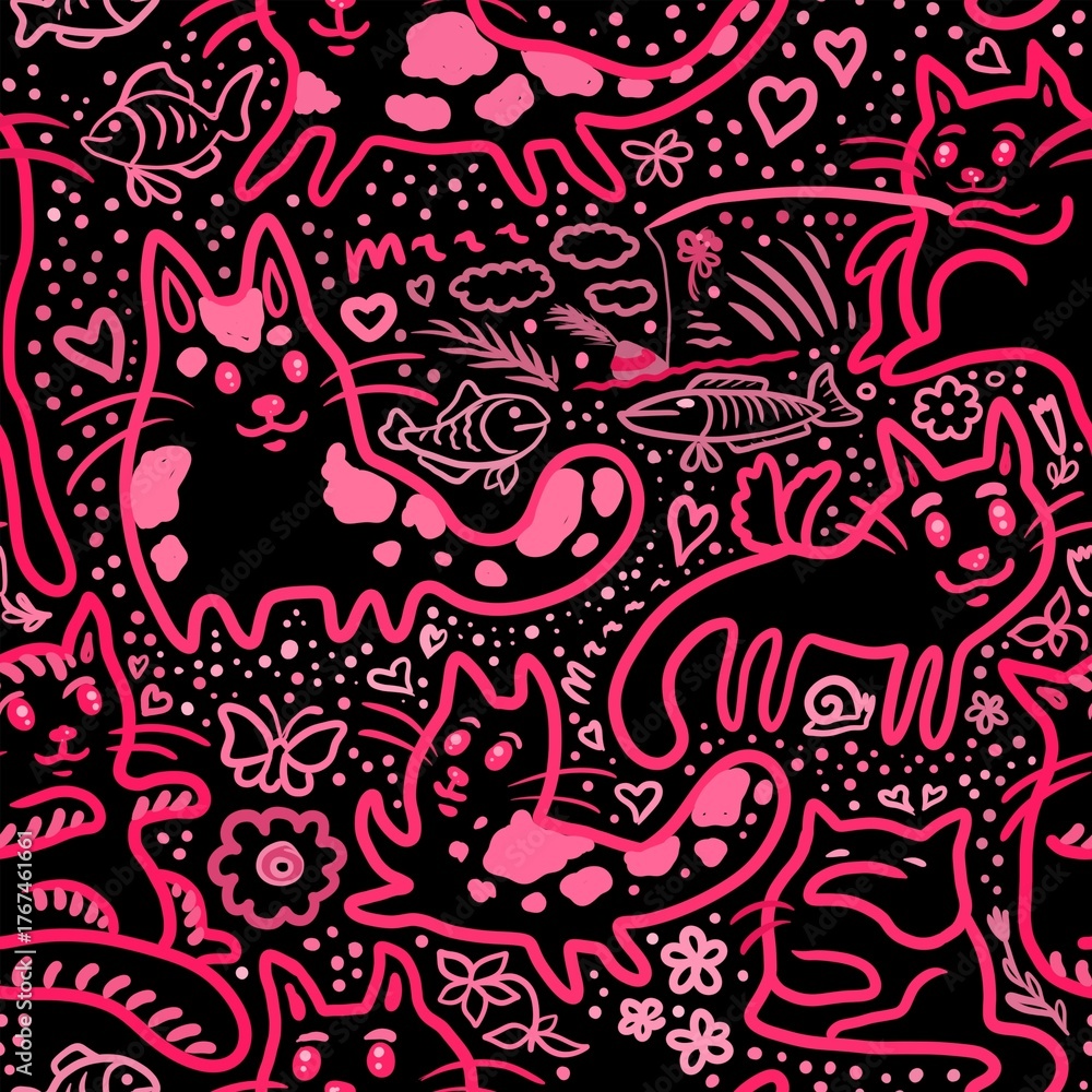 Fototapeta premium seamless pattern with cats and fish 
