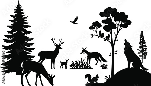 Silhouette of a diverse forest wildlife scene with deer wolf fox squirrel and trees