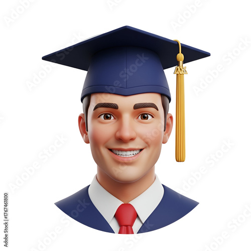 3d render of a smiling young man wearing a graduation cap and gown, isolated on a transparent background