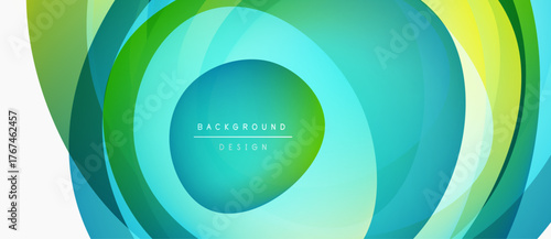 Abstract layers create vibrant circular design. Green, blue, yellow hues blend, forming dynamic background. Modern aesthetic, clean lines.