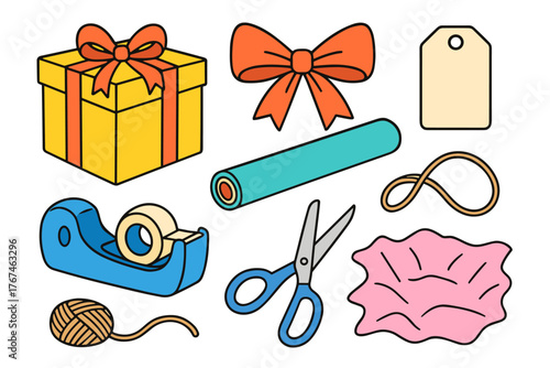 Gift wrapping supplies including scissors, tape, and ribbons - Concept of set of stickers  