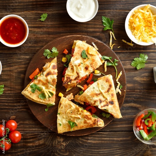 Chicken quesadilla with fresh vegetables on wooden table