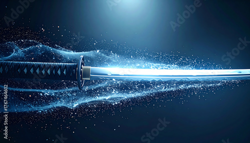Particle Blade: Elegant Katana Trajectory　Samurai Sword Slashing with Elegant Silver Blade and Abstract Blue Particle Trail