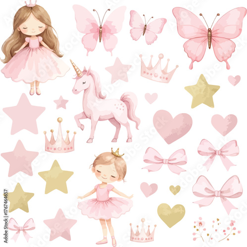 Enchanting watercolor collection of pink princesses unicorn butterflies crowns stars and hearts