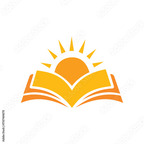Open book with rising sun symbolizing knowledge and enlightenment