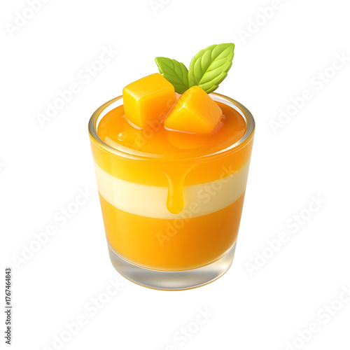 Glass of layered mango pudding or panna cotta with fresh fruit pieces and mint, 3D rendered cartoon style.