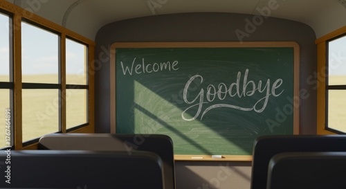 School Bus Farewell: A thought-provoking composition from inside a school bus, a chalkboard presents a stark farewell message, evoking sentiments of endings and beginnings.