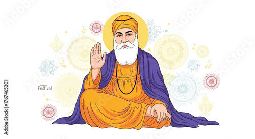 Guru Nanak Dev Ji's illustration embodies peace and wisdom in a serene cultural representation