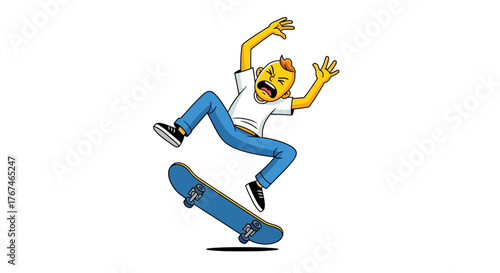 Cartoon character experiencing a skateboarding accident with a look of shock and concern