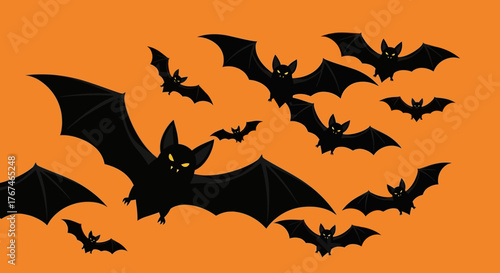 Flight of the night creatures: A swirling swarm of bats against an orange background