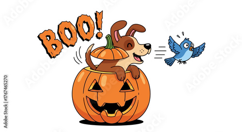A Spooky Surprise: Dog in Pumpkin Scares a Bluebird with a Halloween Trick or Treat Cartoon