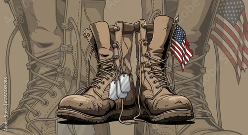 Illustration of military boots with american flag and dog tags symbolizing service and sacrifice