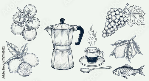 Elegant line art illustration of an italian breakfast with coffee maker and fresh fruits