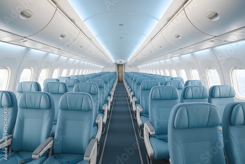 Modern Airplane Interior with Blue Upholstery and Empty Economy Class Seats for Comfortable Commercial Flights