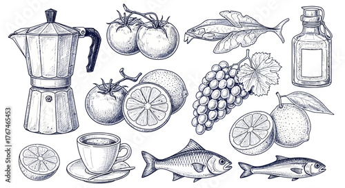 Vintage monochrome sketch of healthy food ingredients offers a nostalgic culinary voyage