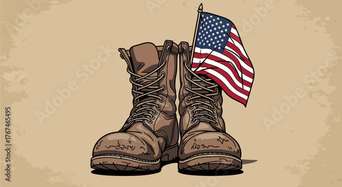 Worn military boots and american flag illustration honoring veteran's service and sacrifice