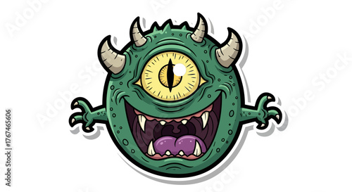 Whimsical cartoon monster illustration with a single giant eye and playful grin conveying