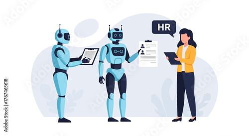 Illustrative depiction of robots assisting human resources in recruitment processes for automated