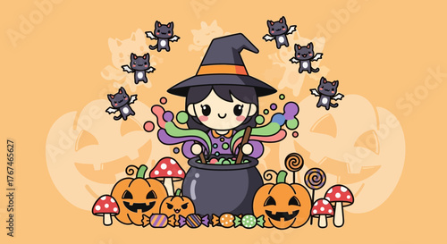 Charming cartoon witch crafting potion with spooky feline companions for halloween festivities