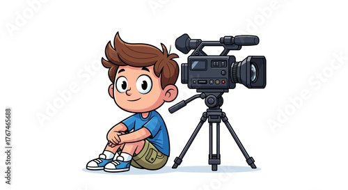 Cartoon boy sits next to a professional video camera dreaming of cinematic storytelling