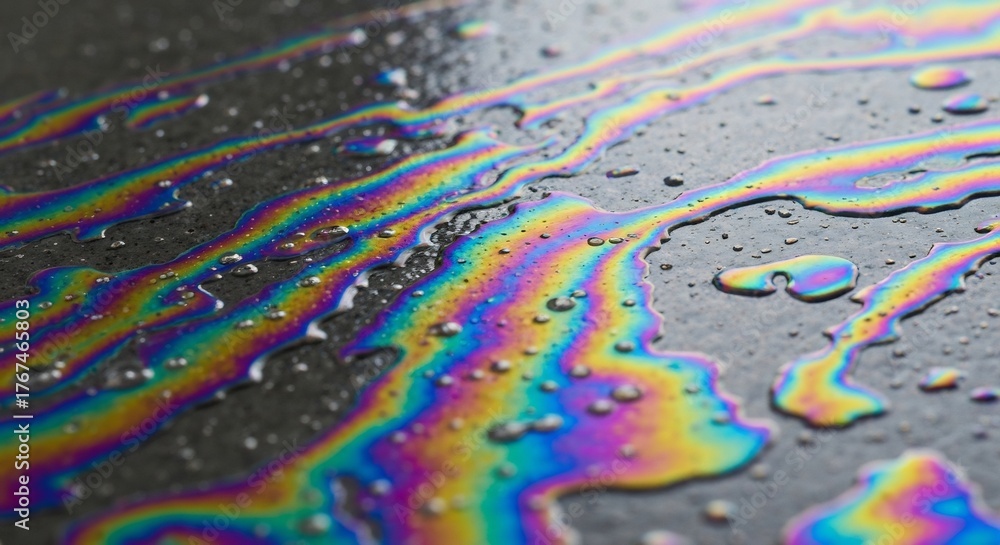 Fototapeta premium Liquid with colorful rainbowlike streaks on a dark textured surface Small droplets scatter across the area