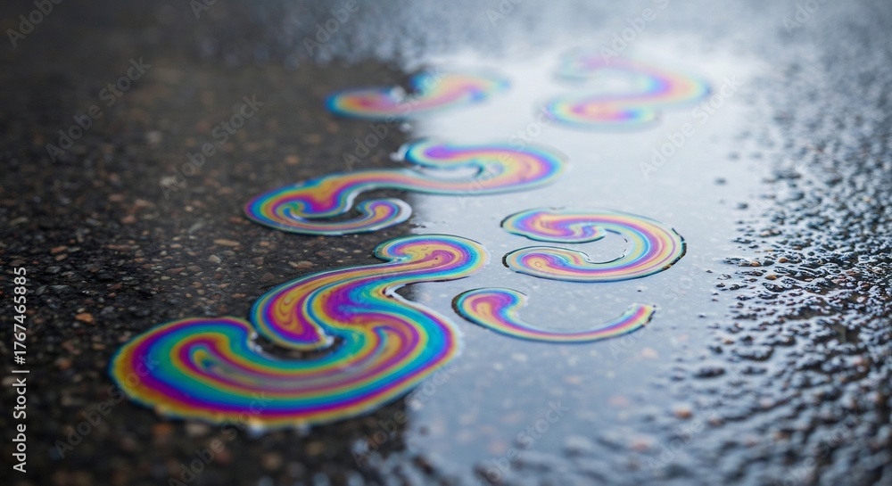 Fototapeta premium Oil swirls form rainbow patterns on wet asphalt a colorful spill on a dark textured surface